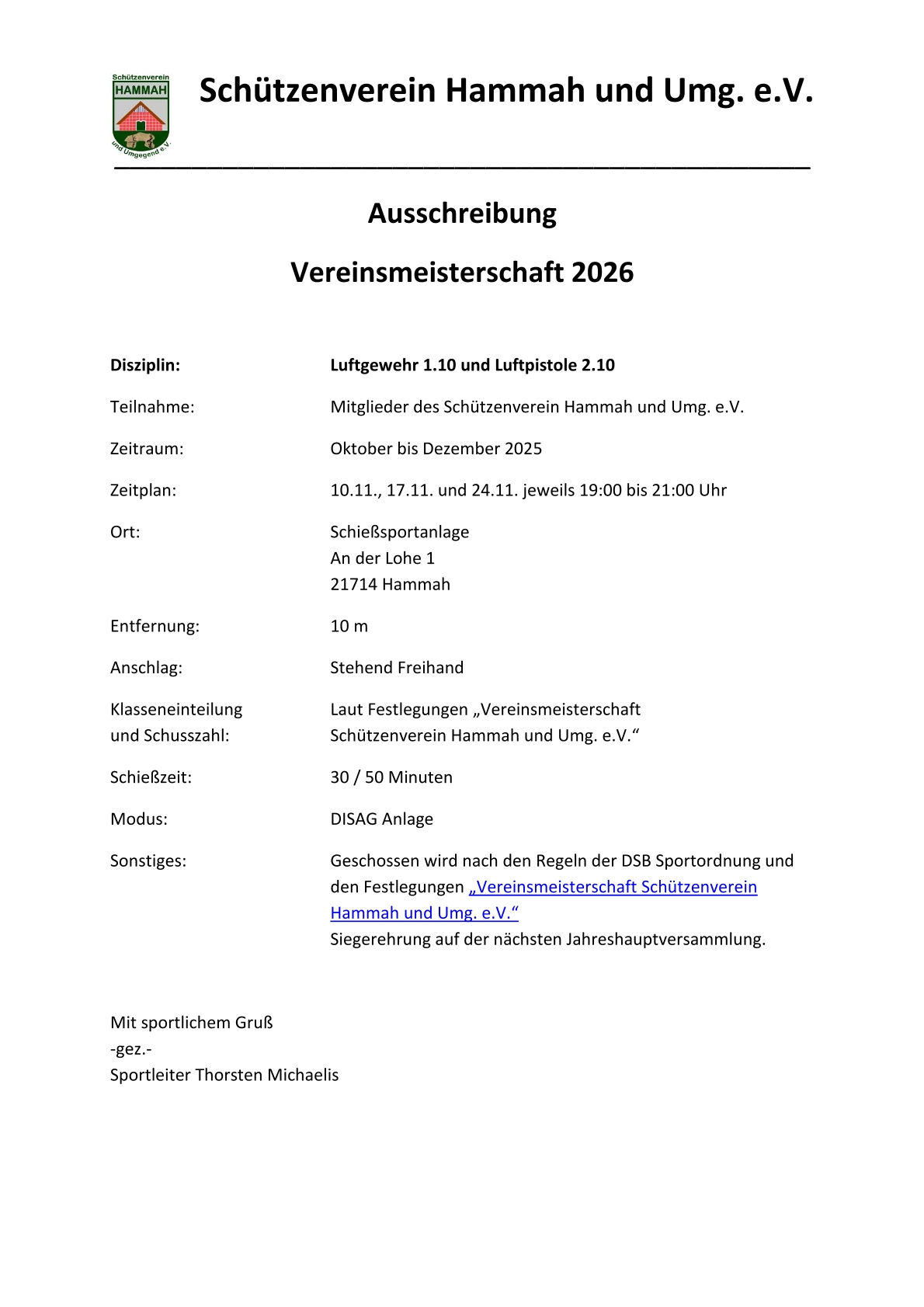 Ausschreibung VM Luftgewehr und Luftpistole 2026